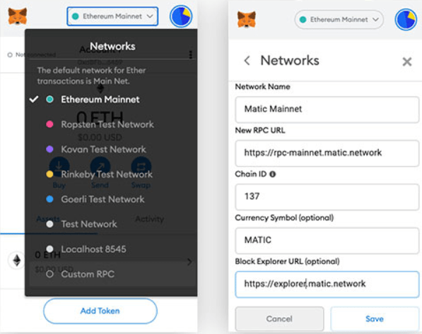 Connecting MetaMask to the Matic Mainnet.