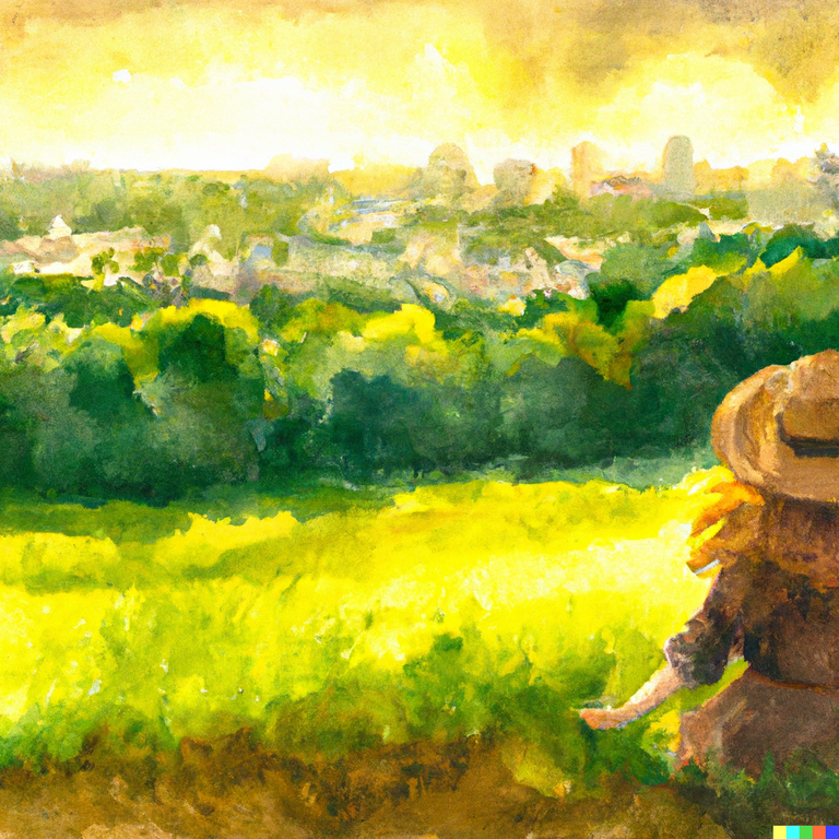  " "DALL·E 2022-07-29 04.10.31 - Watercolour painting of a girl in a straw hat sitting on a hill covered in grass and trees, overlooking a big city at sunset .png""