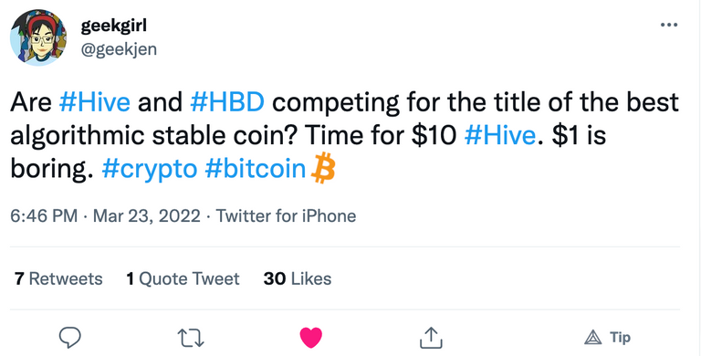 geekgirlonTwitterAreHiveandHBDcompetingforthetitleofthebestalgorithmicstablecoinTimefor10Hive1isboringcryptobitcoinTwitter.png