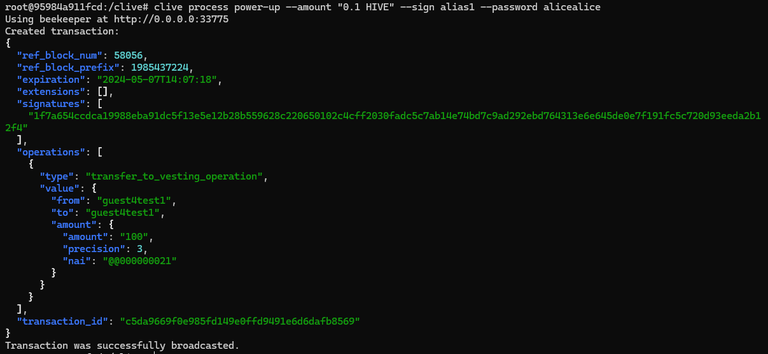 clive process power-up --amount "0.1 HIVE" --sign alias1 --password alicealice