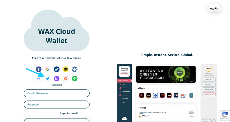 WAX Cloud Wallet screenshot showing choosing Twitter.