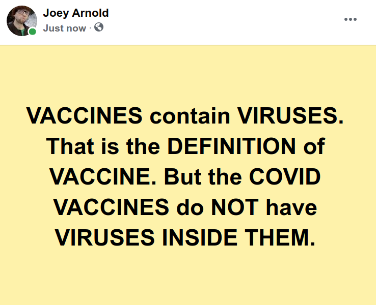 Screenshot at 2021-06-03 18:09:16 VACCINES contain VIRUSES. That is the DEFINITION of VACCINE. But the COVID VACCINES do NOT have VIRUSES INSIDE THEM.png