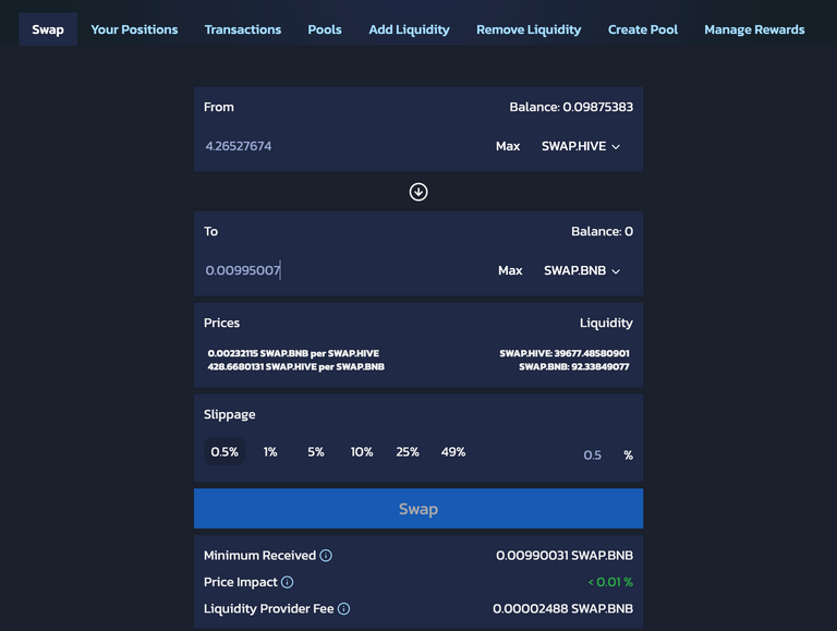 Swap your SWAP.HIVE for SWAP.BNB using Tribaldex.