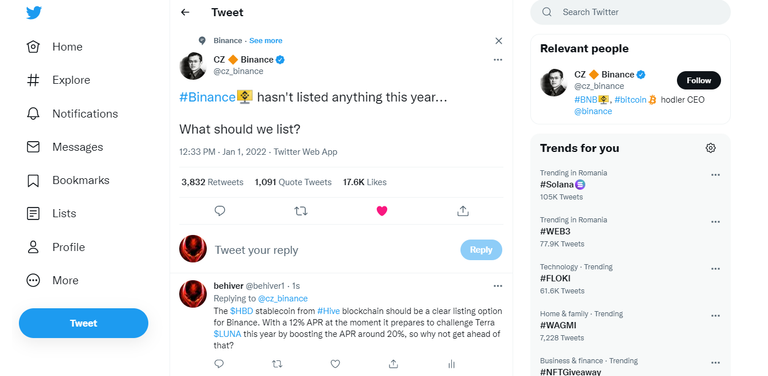 Twitter Challenge @cz_binance - List HBD on Binance exchange