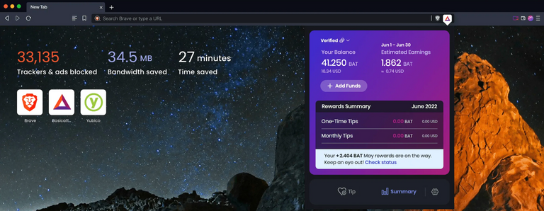 Brave Rewards screenshot on the Brave Browser.