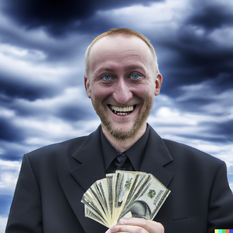 DALL·E 2022-06-27 08.08.26 - photograph in the style of corporate, smiling creepy man holding money, cloudy skies.png