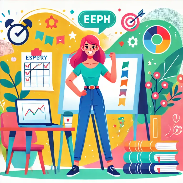 DALL·E 2025-01-22 15.34.50 - A cheerful and empowering illustration of a woman standing confidently in front of a laptop and a whiteboard, symbolizing planning and creativity. The.webp