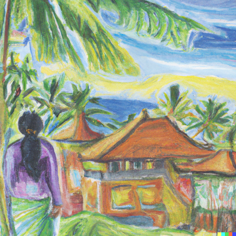 DALL·E 2023-05-02 17.29.33 - Bali nature with people but everything is upside down and drawn in pastels.  There are lots of people and traditional buildings.  The scene is painted.png