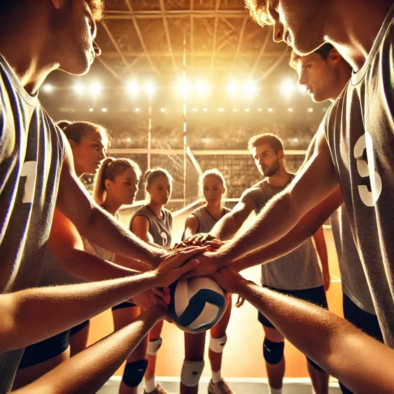 DALL·E 2025-02-21 21.22.19 - A volleyball team huddled together, hands stacked in unity before a big match. The scene is filled with determination and focus, with the sun casting .webp