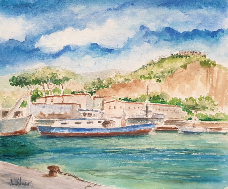 Glimpse of a harbour - watercolours on paper