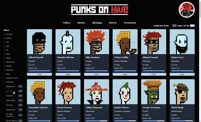 Filter your Hive Punks by Profession!