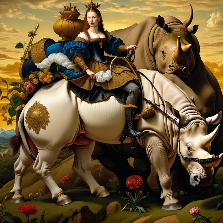QUEEN MONA RIDING A RHINO TO DUERER'S BIRTHDAY PARTY