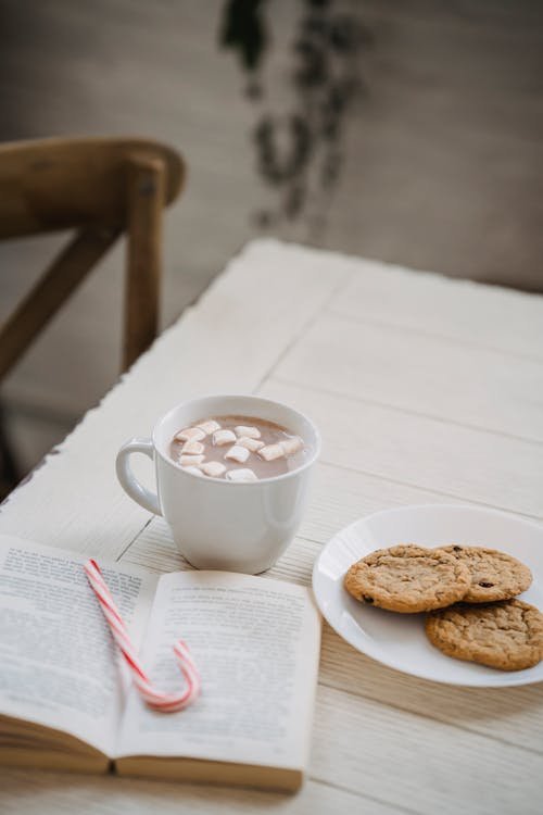 Free From above of tasty sweet cookies and cocoa with marshmallow on table with book Stock Photo