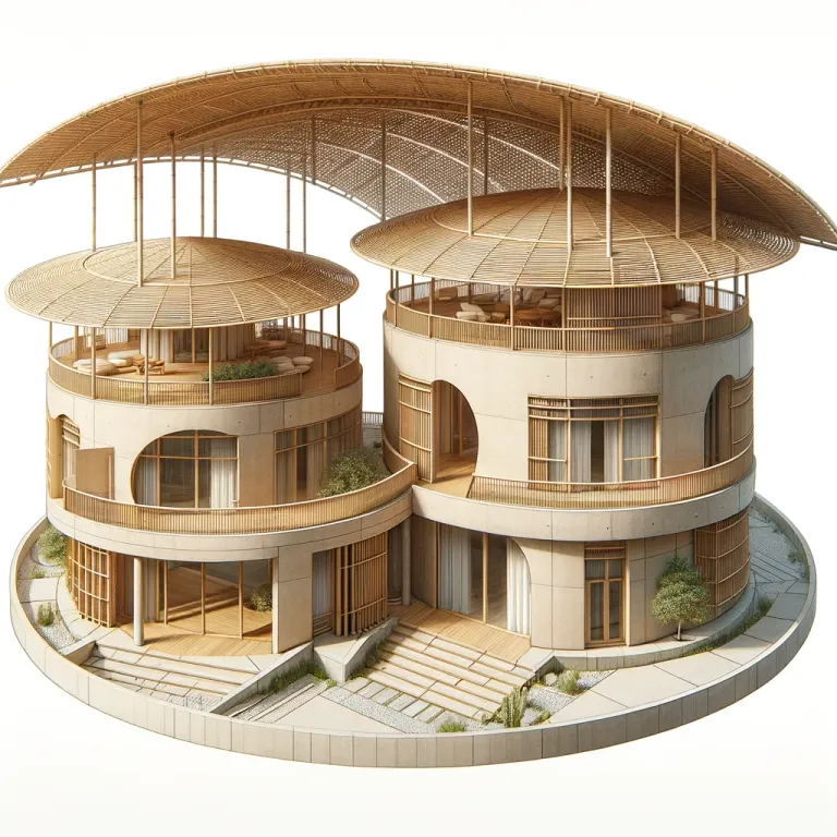 DALL·E 2024-04-19 17.02.03 - Create an image of two separate single-story round buildings, each with a rooftop terrace, constructed with beige stucco walls, large round doorways, .webp