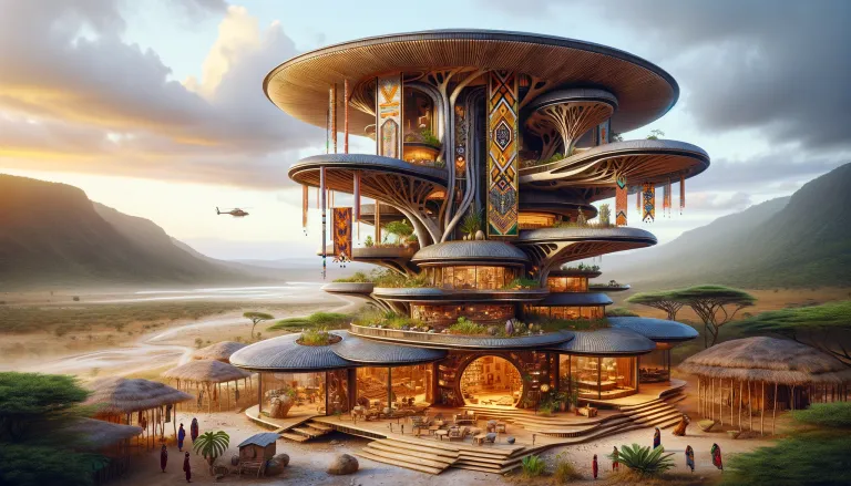 DALL·E 2024-06-14 13.37.46 - An Afrofuturistic hotel in mainland Tanzania, inspired by the country's rich cultural heritage and natural beauty. The hotel combines traditional Tanz.webp