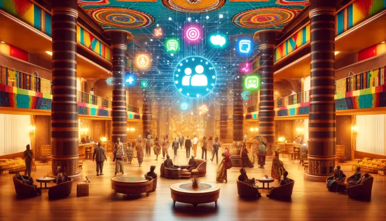 DALL·E 2024-04-26 12.52.18 - Craft an image of a vibrant hotel lobby infused with both African and digital aesthetics. The scene should be bustling with guests and infused with ri.webp