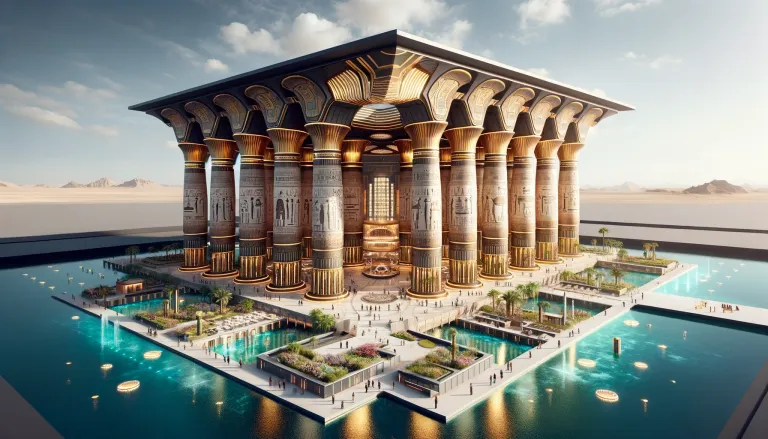 DALL·E 2024-06-14 13.35.15 - An Afrofuturistic hotel in Egypt, blending ancient Egyptian architectural styles with futuristic technology. The design features grandiose columns rem.webp