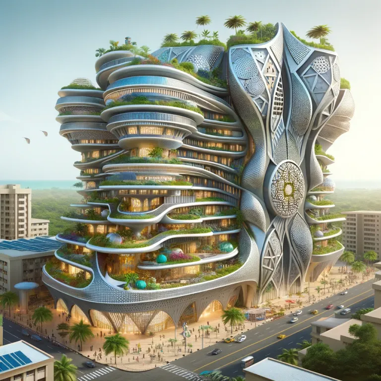 DALL·E 2024-04-26 13.05.59 - An Afrofuturistic hotel in Ghana, featuring a blend of traditional African architectural elements with futuristic designs. The hotel is a towering str.webp