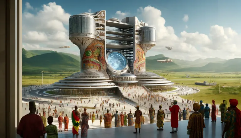 DALL·E 2024-04-26 13.06.27 - A futuristic hotel in Ghana, designed in an Afrofuturist style. The hotel is a towering structure with a blend of traditional African architectural el.webp