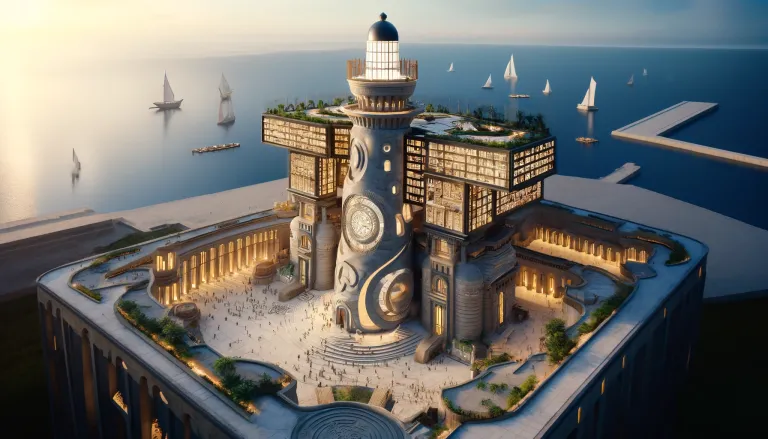 DALL·E 2024-06-14 13.30.50 - An Afrofuturistic hotel in Alexandria, Egypt, inspired by the historical Lighthouse and the ancient Library of Alexandria. The design integrates these.webp