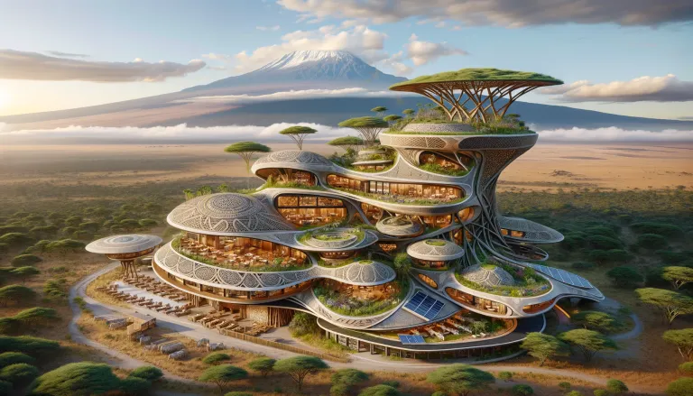 DALL·E 2024-06-14 13.37.52 - An Afrofuturistic hotel in mainland Tanzania, inspired by the country's cultural heritage and natural beauty. The hotel design incorporates traditiona.webp