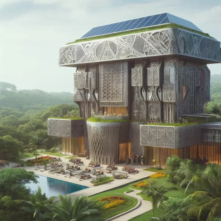 DALL·E 2024-04-26 13.06.18 - An Afrofuturist hotel in Ghana, showcasing a blend of traditional African architecture and futuristic design elements. The hotel is situated in a lush.webp