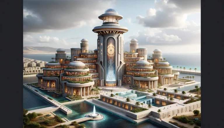 DALL·E 2024-06-14 13.30.56 - An Afrofuturistic hotel in Alexandria, Egypt, inspired by the historical Lighthouse and the ancient Library of Alexandria. The hotel's design features.webp