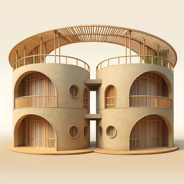 DALL·E 2024-04-19 17.01.49 - Create an image of two adjacent single-story round buildings with a realistic look, finished with beige stucco walls, large round doorways, and multip.webp