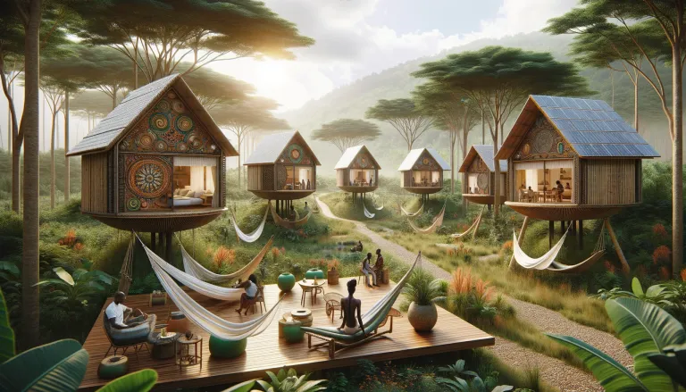 DALL·E 2024-04-26 13.11.56 - A series of small, boutique eco lodges in Ghana, designed in an Afrofuturist style. Each lodge is unique but unified in theme, featuring eco-friendly .webp