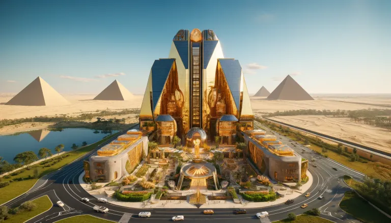 DALL·E 2024-06-14 13.31.11 - A grand Afrofuturistic hotel in Cairo, Egypt, with the iconic Pyramids of Giza in the background. The hotel combines ancient Egyptian aesthetics with .webp