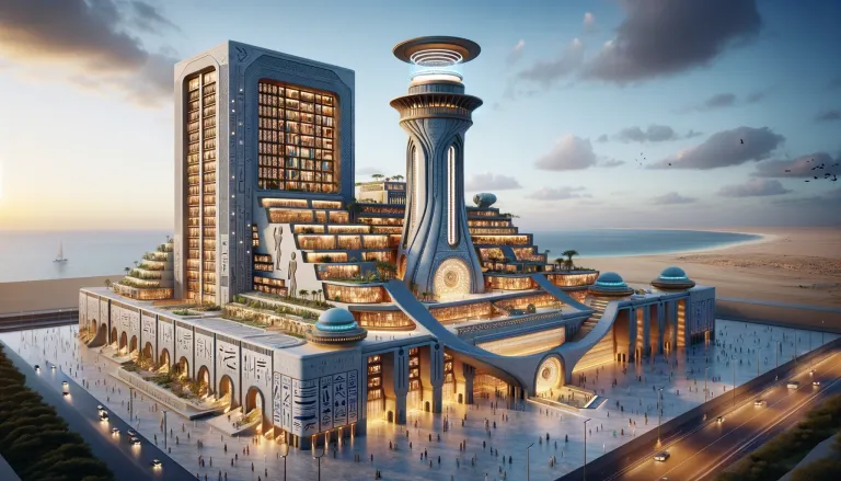 DALL·E 2024-06-14 13.30.45 - An Afrofuturistic hotel in Alexandria, Egypt, inspired by the historical Lighthouse and the ancient Library of Alexandria. The design features a tower.webp