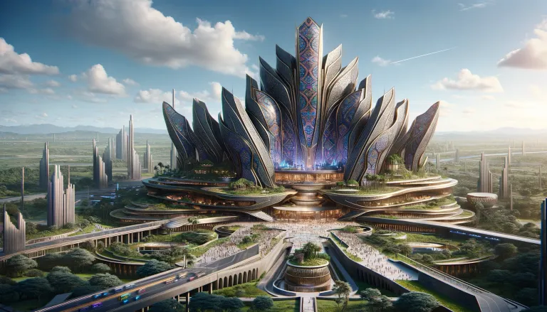 DALL·E 2024-04-26 12.32.32 - An Afrofuturistic hotel in the fictional nation of Wakanda, showcasing a blend of advanced technology and traditional African aesthetics. The hotel is.webp