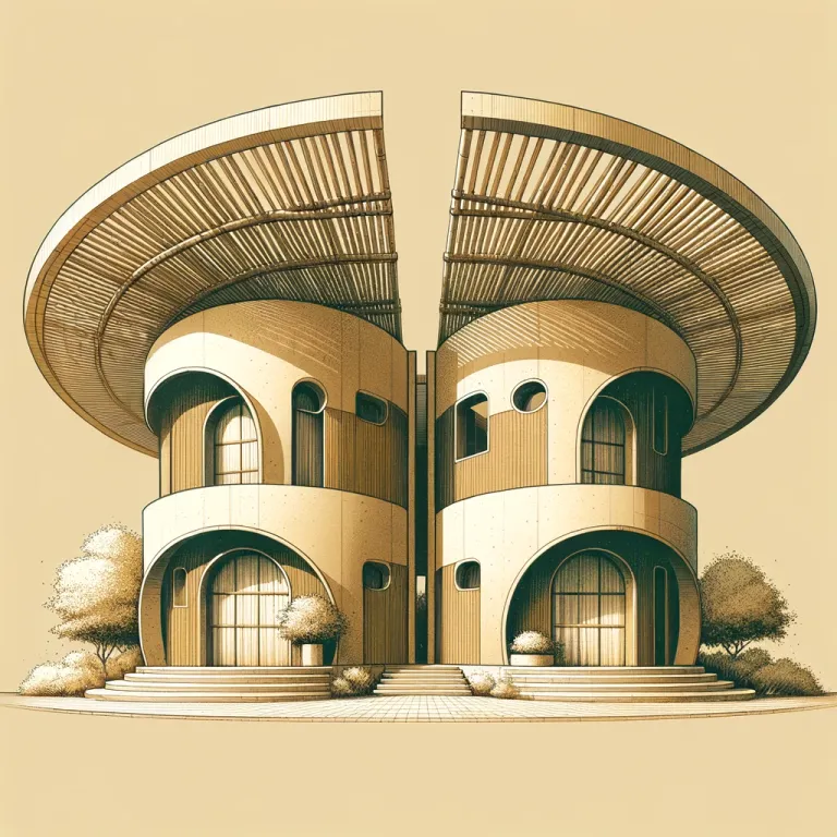 DALL·E 2024-04-19 17.01.52 - Create an image of two adjacent single-story round buildings with beige stucco walls, large round doorways, and multiple rectangular windows. The desi.webp