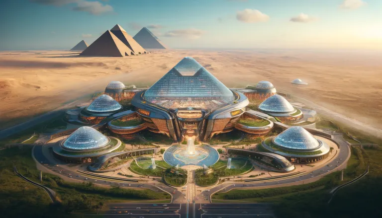 DALL·E 2024-06-14 13.31.06 - A grand Afrofuturistic hotel in Cairo, Egypt, with the iconic Pyramids of Giza in the background. The hotel is a stunning modern interpretation of anc.webp