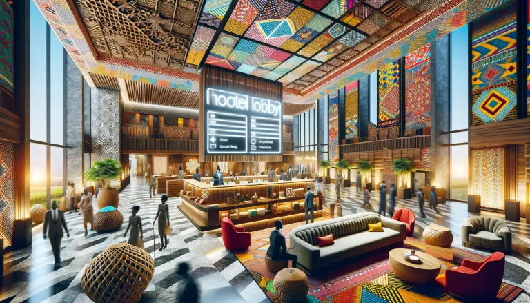 DALL·E 2024-04-26 12.52.15 - Create an engaging image of a bustling hotel lobby with a touch of Ghanaian or African aesthetics. The lobby should be filled with guests and staff, a.webp