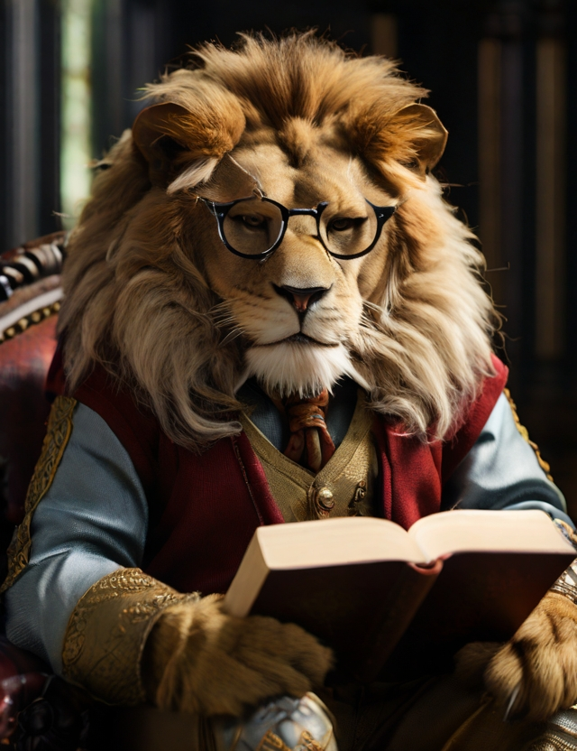 A wise looking lion with human traits wearing glasses, clothes and reading a book