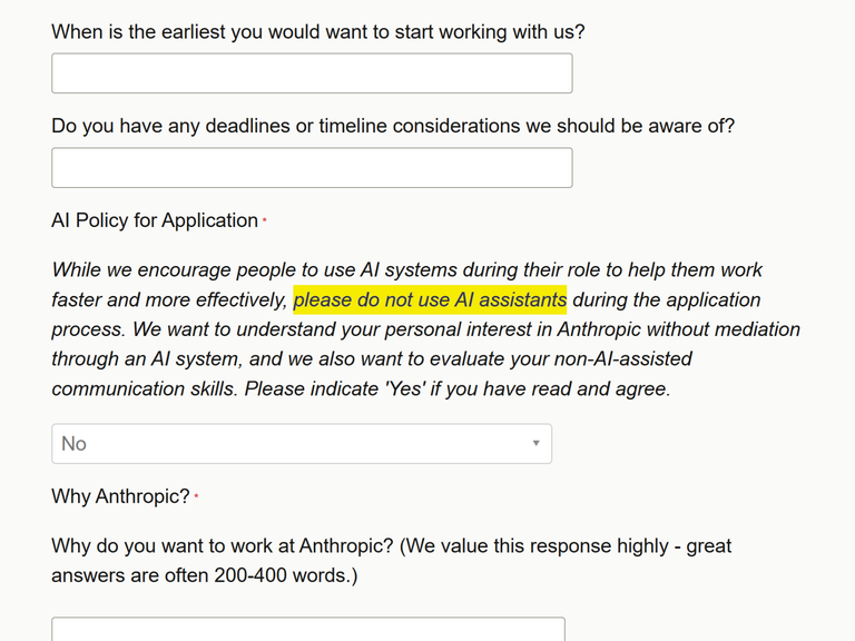 "Please do not use AI assistants": Anthropic says job applicants should not use AI for job applications. How ironic 😂