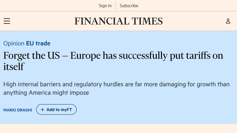 Mario Draghi: "Europe has successfully put tariffs on itself." Complying with EU regulation (GDPR) is like a 12% tariff on small European tech firms.