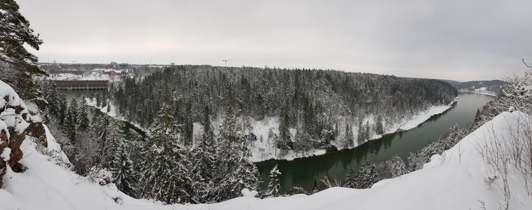 Pano of the hydro plant at left and it’s outlet