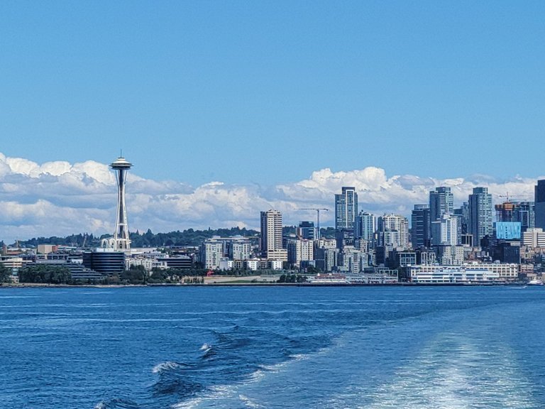 Looking from the back of Bainbridge Ferry toward downtown Seattle