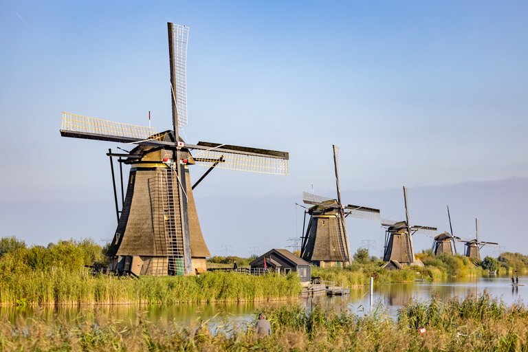 Long row of Windmills at Kinderdijk, The Netherlands