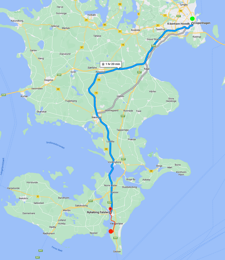 Day 13 map: Copenhagen + train to Nykobing Falster + cycle to Bruserup Strand Nature Camp