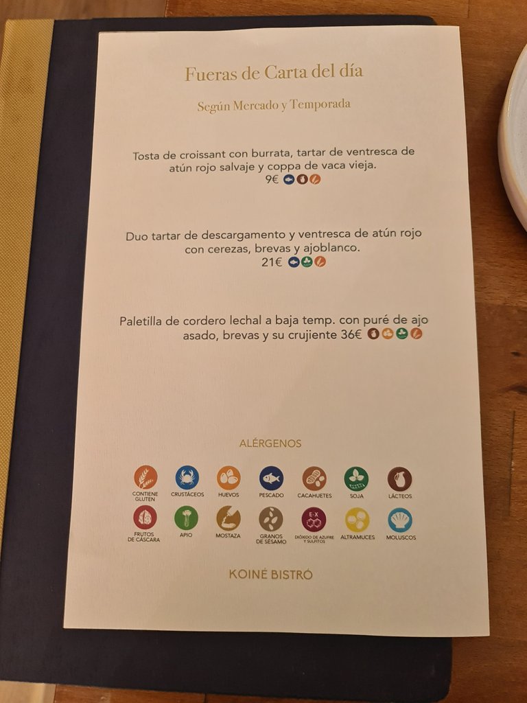 Out of menu and suggestions, inside the restaurant.