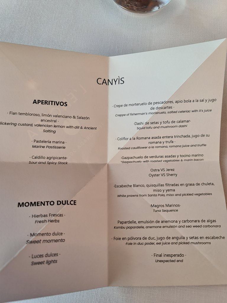 ”Canyís” menu items (€150/pp, drinks not included).