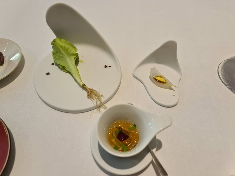 ”Maravilla” (wonder) lettuce with homemade mustard + Roasted spring onion with tender almond and licorice + Pickles with salt and water (First, Second and Third starters).