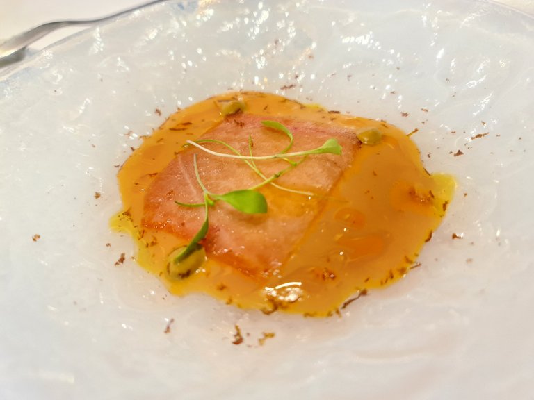 Cured bluefin tuna belly with ”salmorejo” (similar to ”gazpacho”) and mole sauce (First main course) (3).