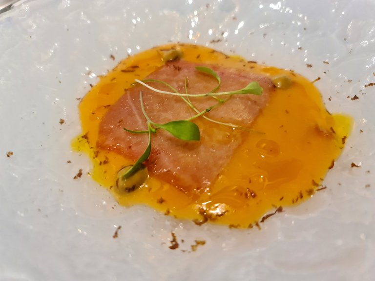Cured bluefin tuna belly with ”salmorejo” (similar to ”gazpacho”) and mole sauce (First main course) (1).