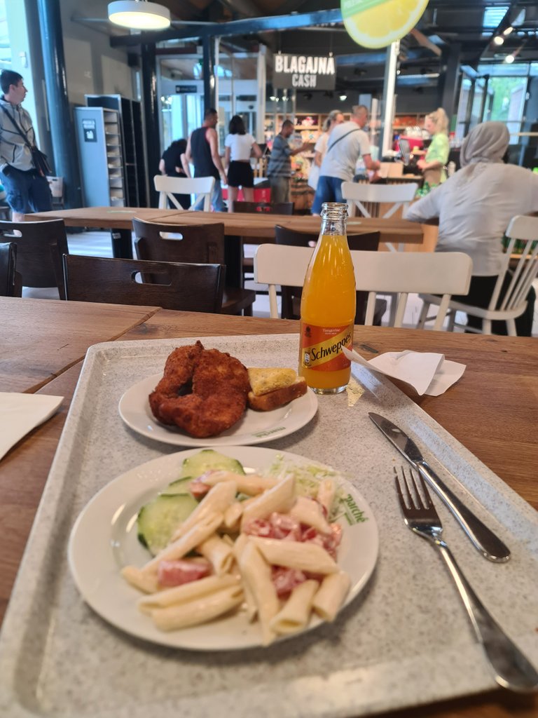 Slovenian roadside self-service restaurant and first decent meal during the bus trip - Pasta salad with mayonnaise and vegetables + Breaded fried chicken + Orange Schweppes (€17).