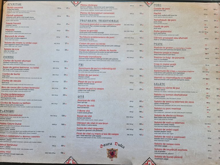 Gaura Dulce restaurant (they currently have a ⭐4.1 rating on Google Maps, based on 2,232 reviews) menu board.