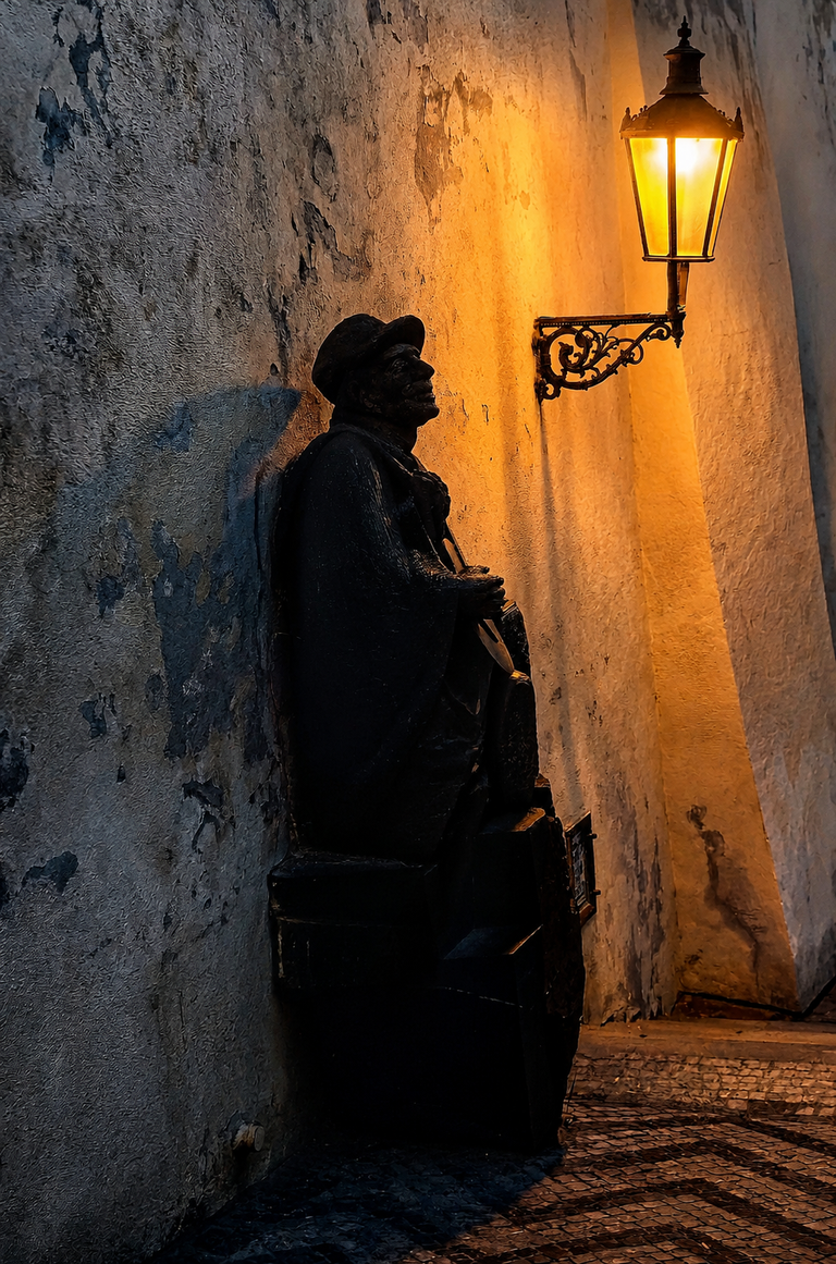 Statue of Karel Hašler beneath a glowing wall lamp on Prague’s Old Castle Stairs.